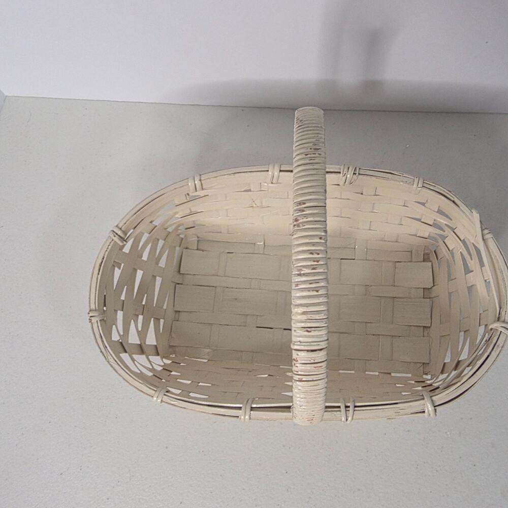 Vintage Cream Shabby Chic Woven Gathering Basket White Splint Wood Reed Handle - Picture 4 of 8